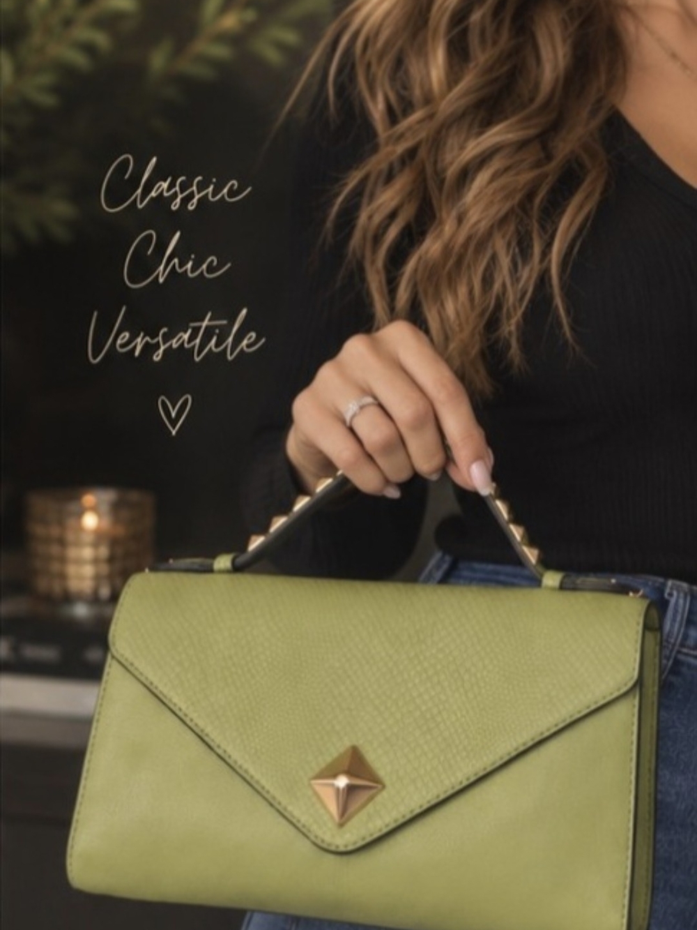 Linea Pelle Olive Green Stud-Handle Crossbody Bag